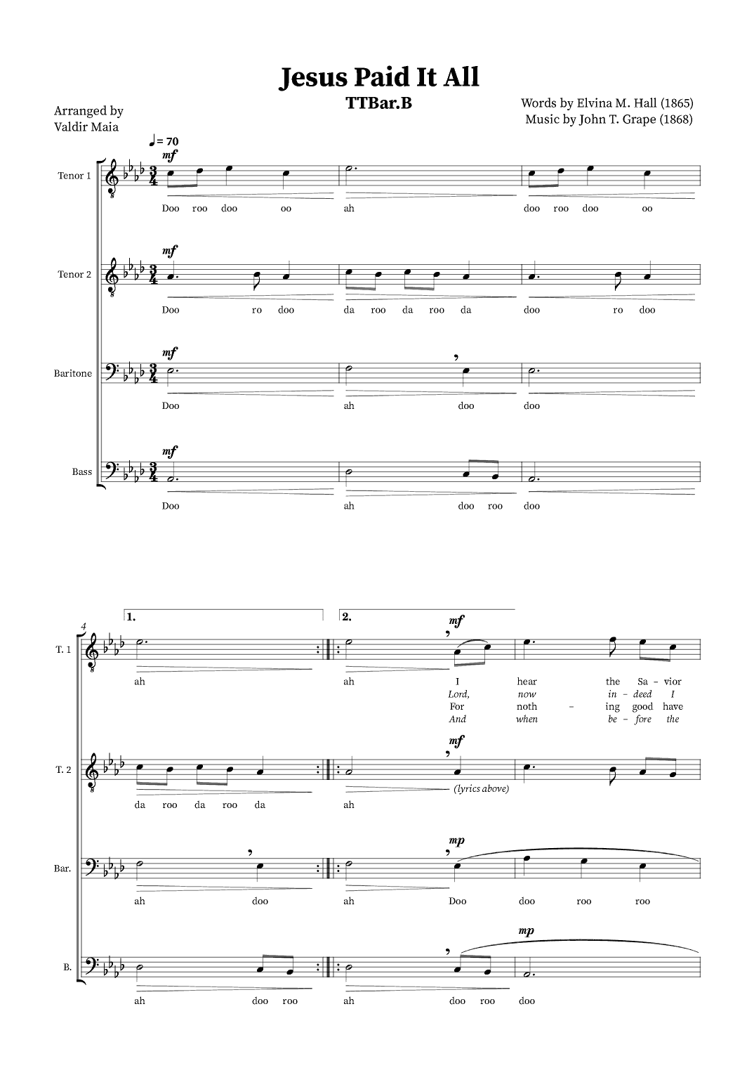 Jesus Paid It All - TTBB Quartet or Choir (arr. Valdir Maia)