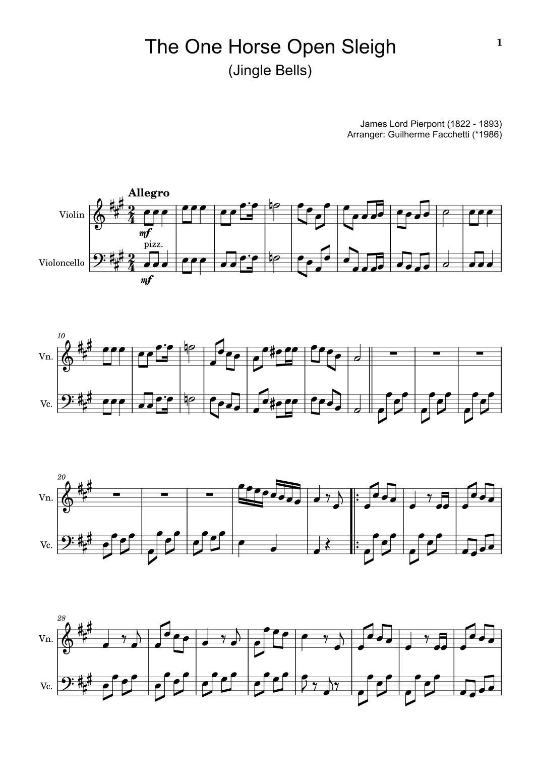 The One Horse Open Sleigh (Jingle Bells) - Arranged for Violin and Violoncello. (arr. Guilherme Facchetti)