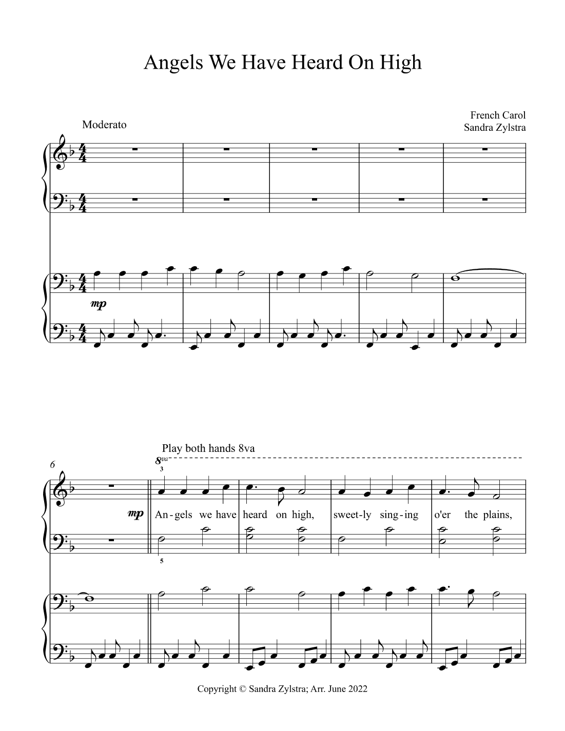 Angels We Have Heard On High (elementary piano with optional duet) (arr. Sandra Zylstra)