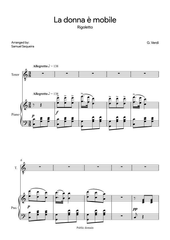 La donna è mobile - for Tenor - in C (arr. Samuel Sequeira)