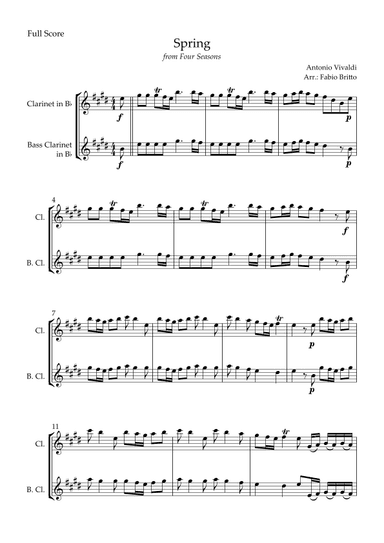 Spring (from Four Seasons of Antonio Vivaldi) for Clarinet in Bb & Bass Clarinet in Bb Duo (arr. Fabio Britto)