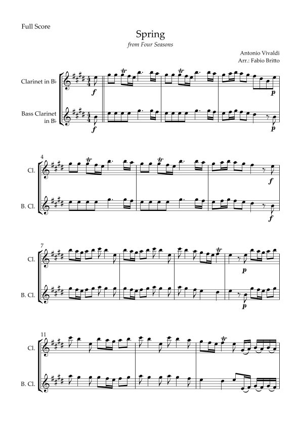 Spring (from Four Seasons of Antonio Vivaldi) for Clarinet in Bb & Bass Clarinet in Bb Duo (arr. Fabio Britto)