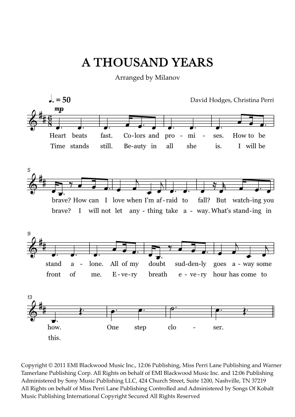A Thousand Years (arr. Milanov)