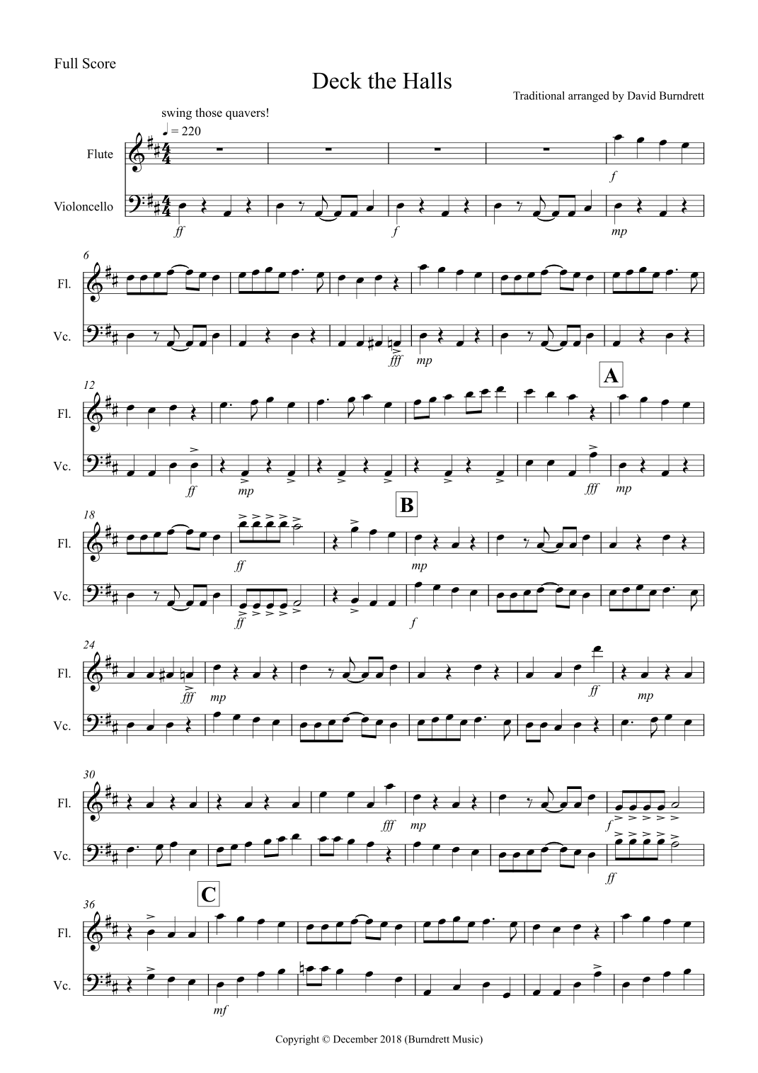Deck the Halls (Jazzy Style!) for Flute and Cello Duet (arr. David Burndrett)