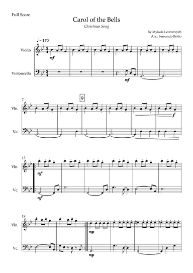 Carol of the Bells in Jazz Version (Christmas Song) for Violin & Cello Duo (arr. Fabio Britto)