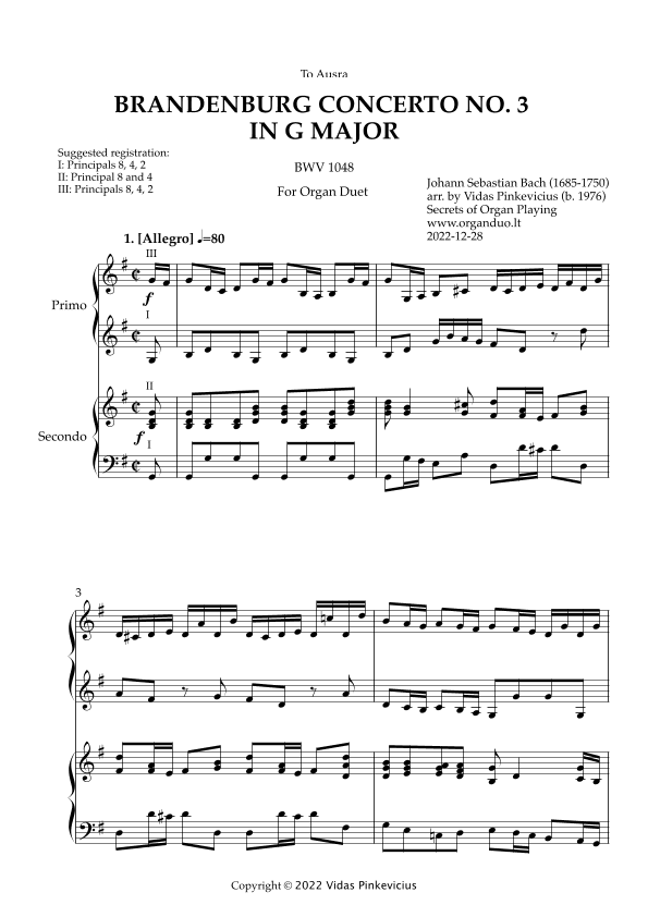 Brandenburg Concerto No. 3 in G Major, BWV 1048 (arr. for Organ Duet) by Johann Sebastian Bach