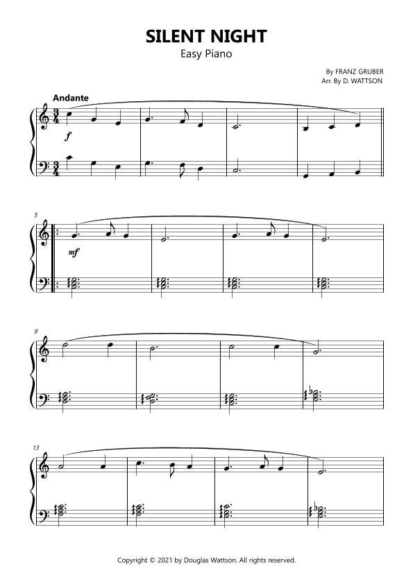 Silent Night piano sheet music (arr. D. Wattson)