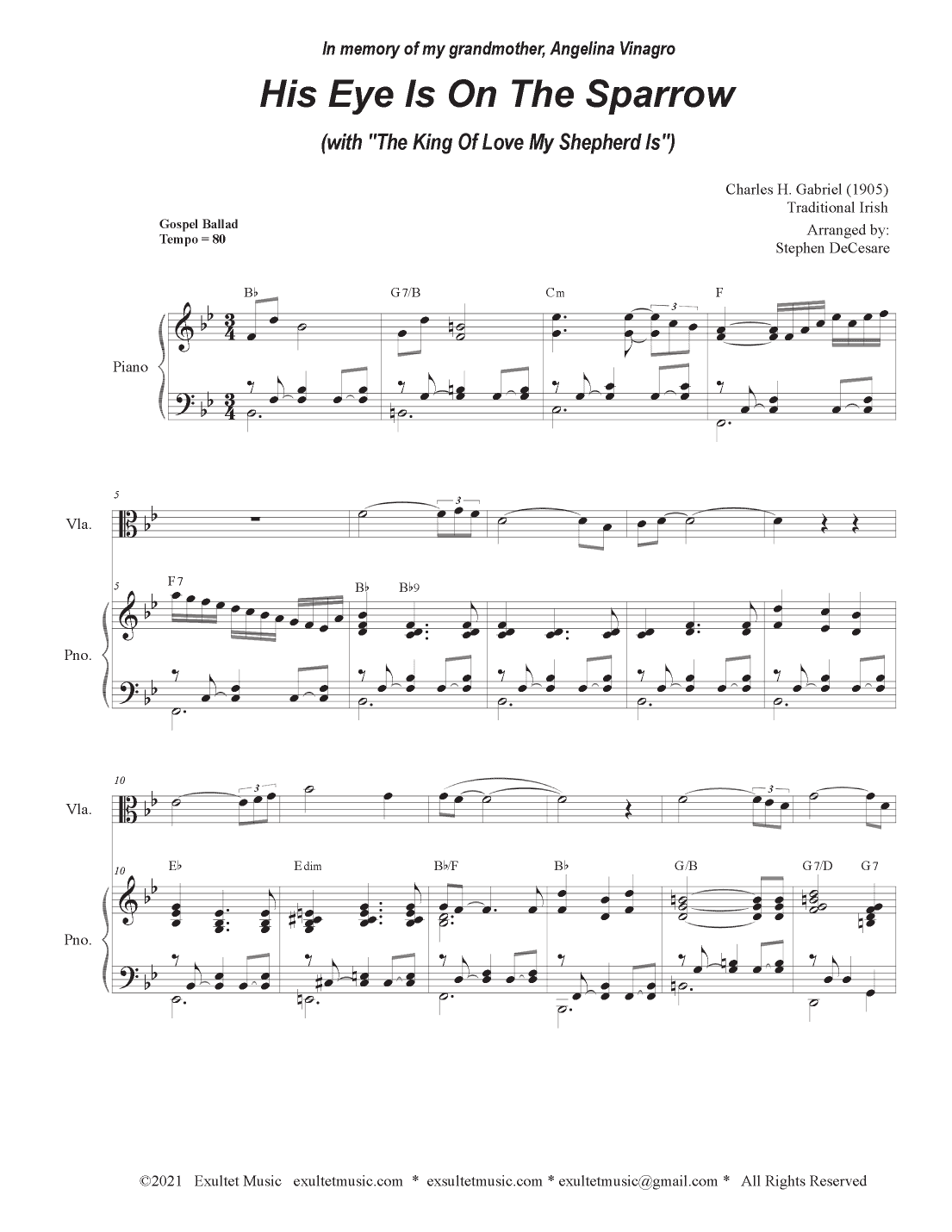 His Eye Is On The Sparrow (with "The King Of Love My Shepherd Is") (Viola solo and Piano) (arr. Stephen DeCesare)