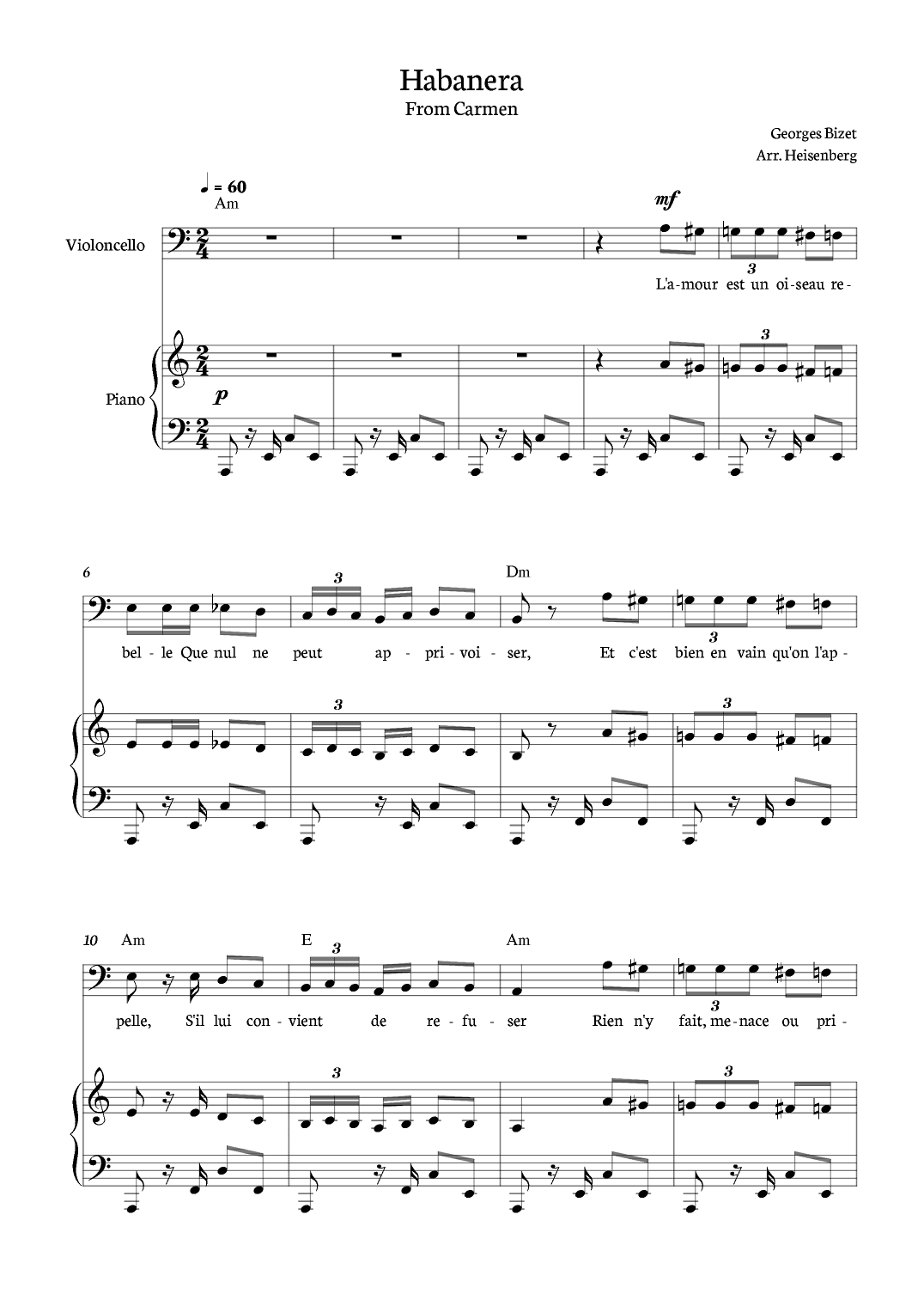 Habanera from Carmen for Cello with piano and chords. (arr. Heisenberg)