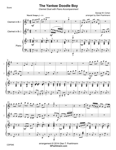 YANKEE DOODLE BOY - CLARINET DUET with Piano Accompaniment (arr. Glen Poehlmann)