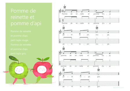 Pomme de reinette et pomme d'api french song for kids Melody + Guitar chords + Guitar TAB's (arr. iEduArts)