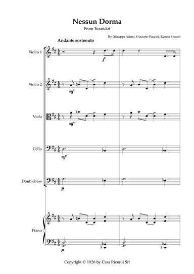 Nessun Dorma - String Quintet & Piano (arr. Karen Gueiros)