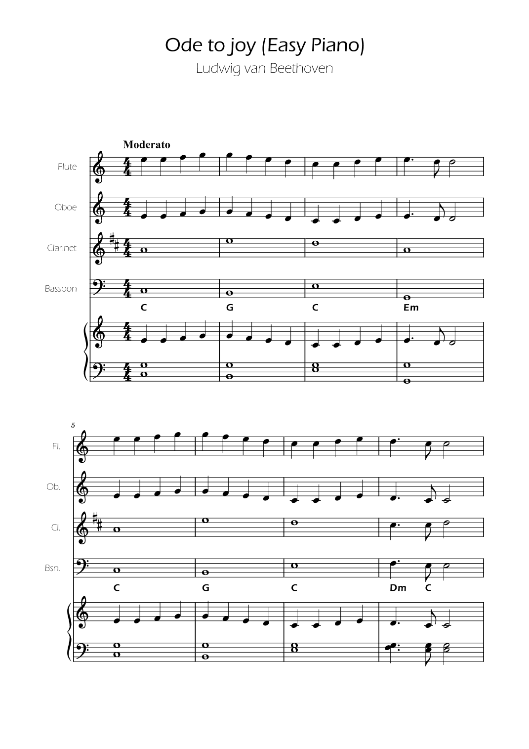 Ode To Joy - Easy  Woodwind Quartet w/ piano accompaniment (arr. Ygor Nunes)