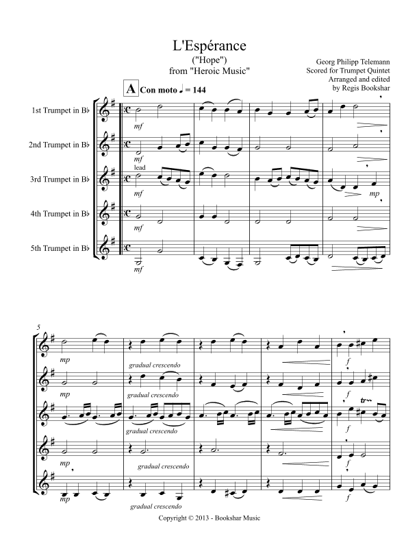L'Esperance (from "Heroic Music") (F) (Trumpet Quintet) (arr. Regis Bookshar)
