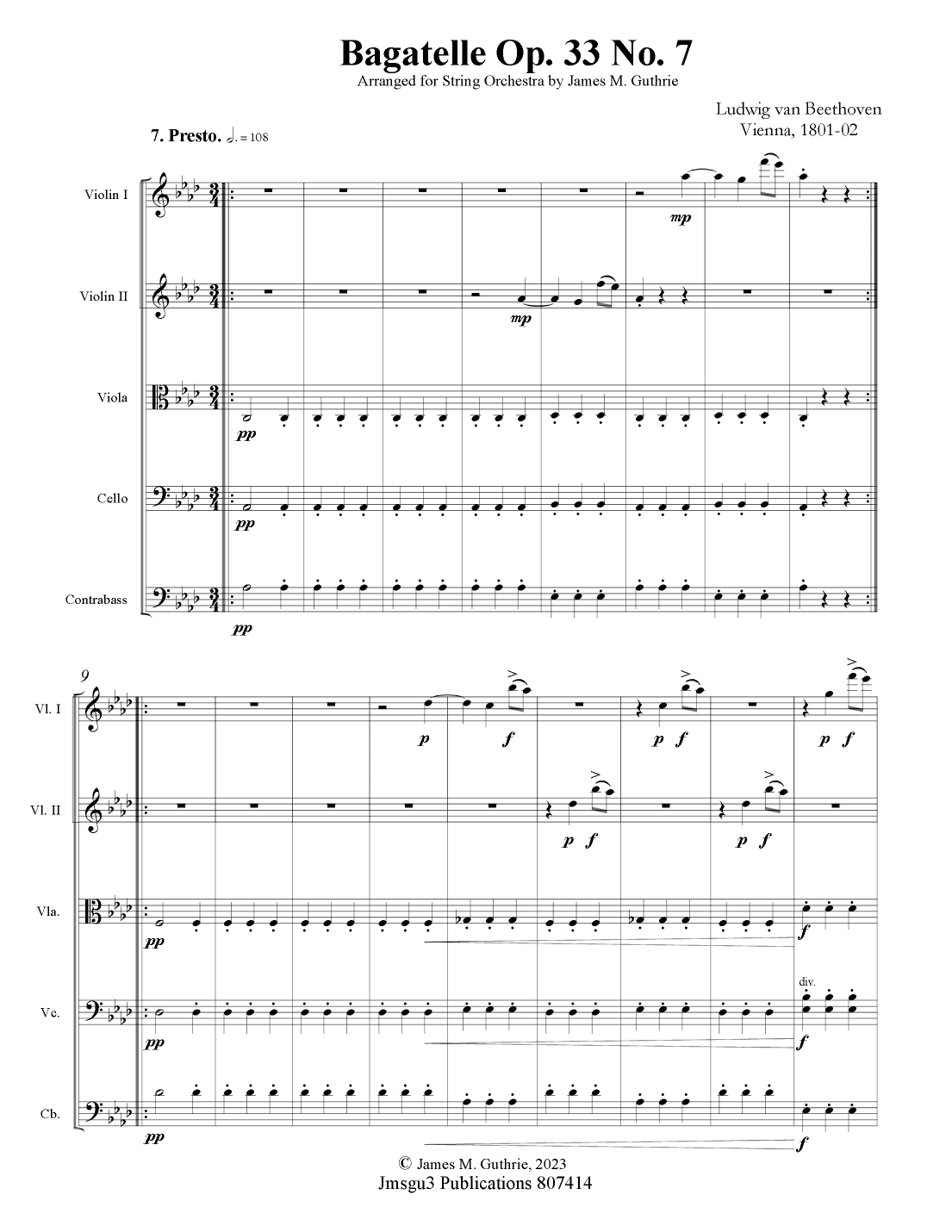 Beethoven: Bagatelle Op. 33 No.7 for String Orchestra (arr. James M. Guthrie, ASCAP)