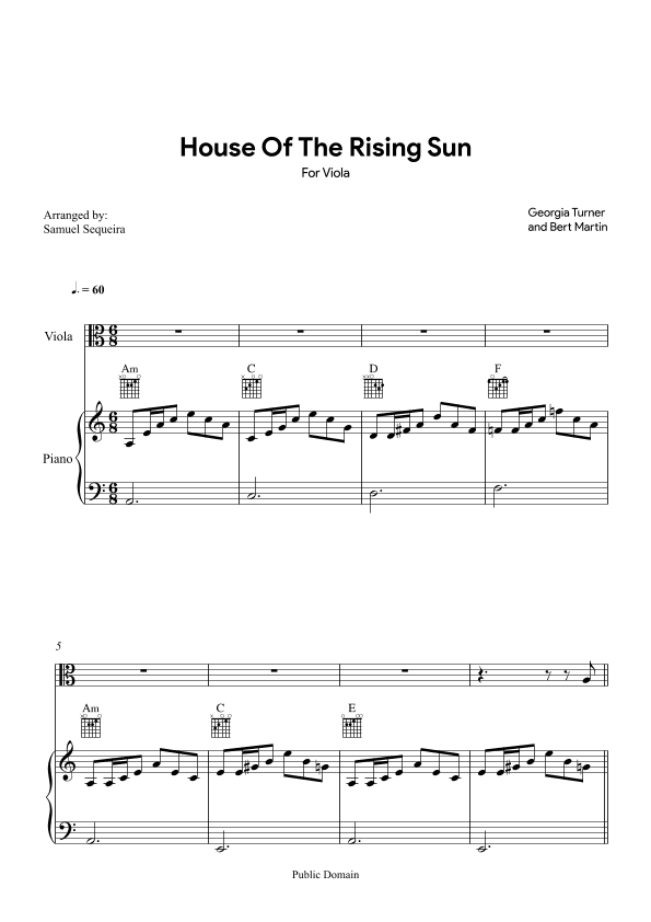 House of the Rising Sun - for Viola - with play along (arr. Samuel Sequeira)