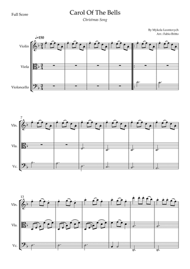 Carol Of The Bells (Christmas Song) for String Trio (D Minor) (arr. Fabio Britto)