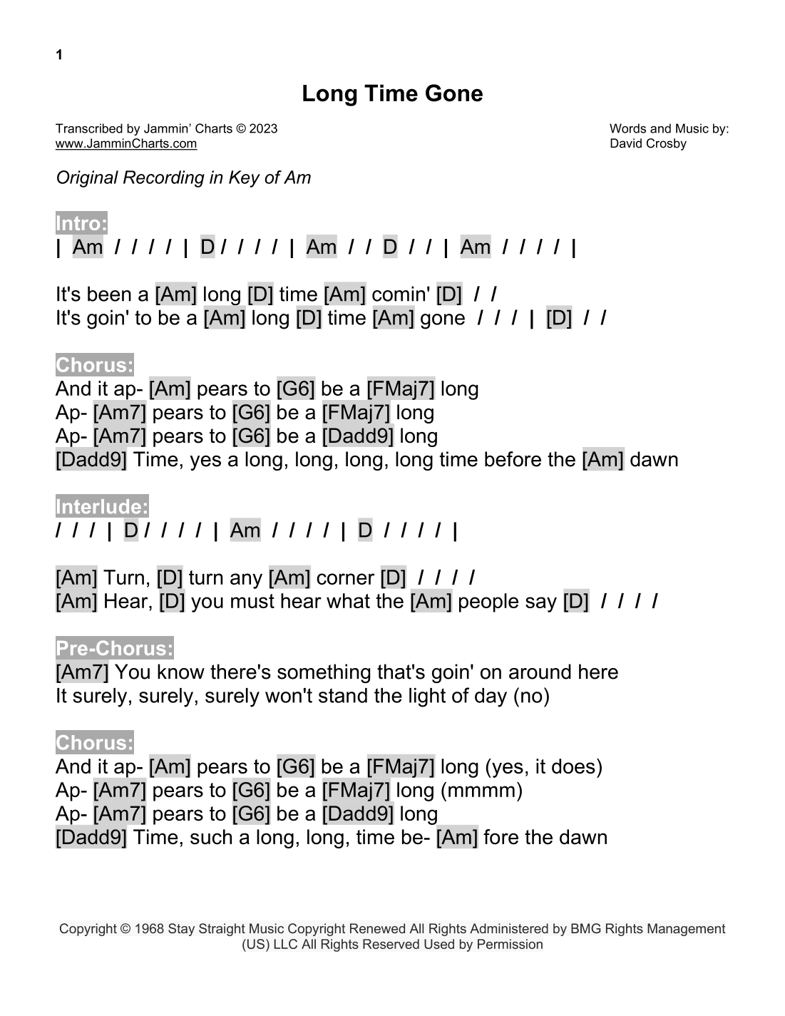 Long Time Gone (arr. Jammin' Charts)