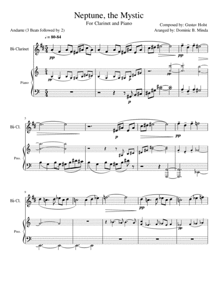 Neptune from "the planets" for clarinet and piano. (arr. Dominic B. Minda)