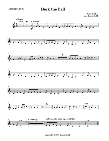 Deck the hall for C trumpet and piano (easy) (arr. Daniel C. M.)
