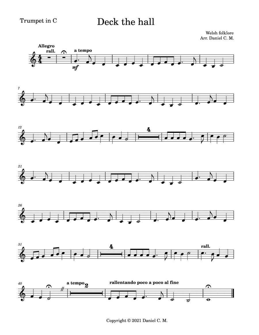 Deck the hall for C trumpet and piano (easy) (arr. Daniel C. M.)