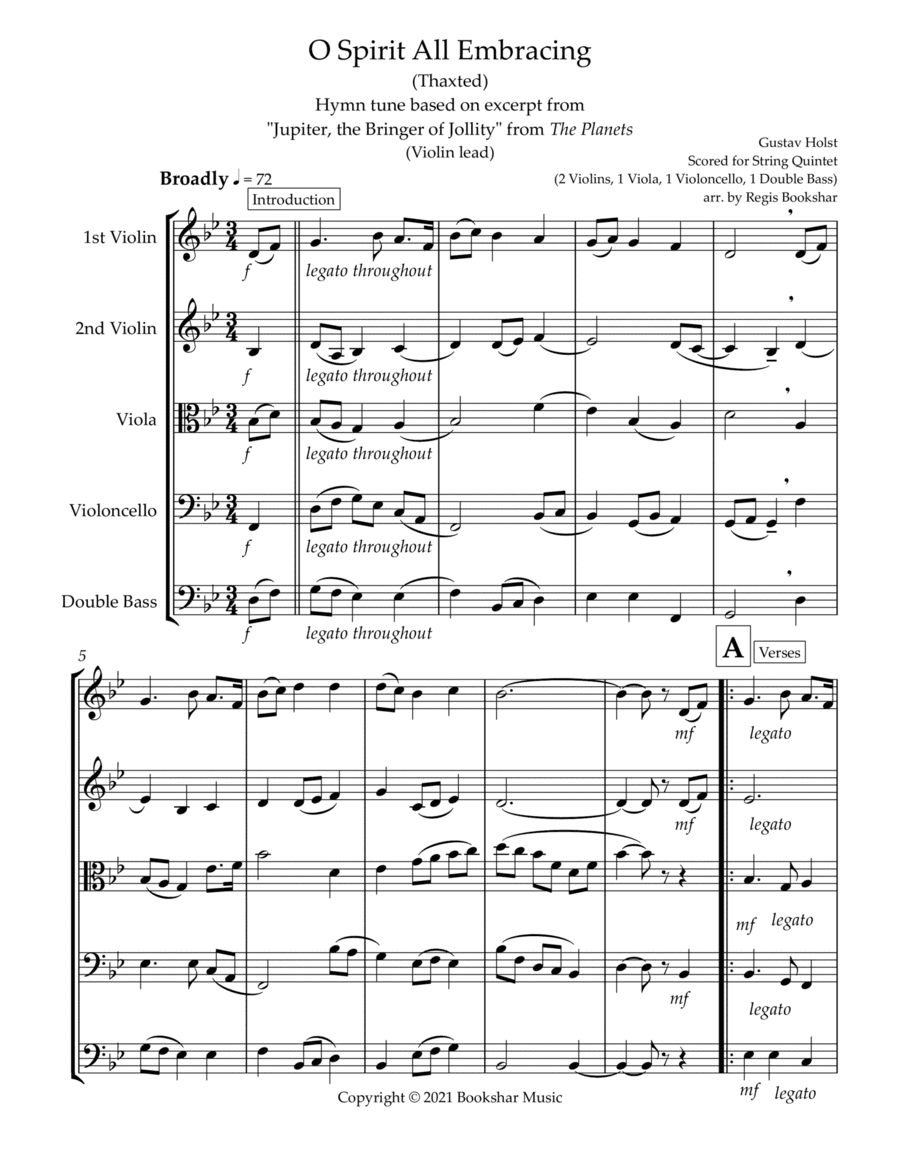 O Spirit All-Embracing (Thaxted) (Bb) (String Quintet - 2 Violins, 1 Viola, 1 Cello, 1 Bass) (Violin (arr. Regis Bookshar)