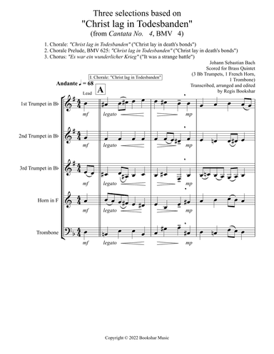 Three selections based on "Christ lag in Todesbanden" (Brass Quintet - 3 Trp, 1 Hrn, 1 Trb) (arr. Regis Bookshar)