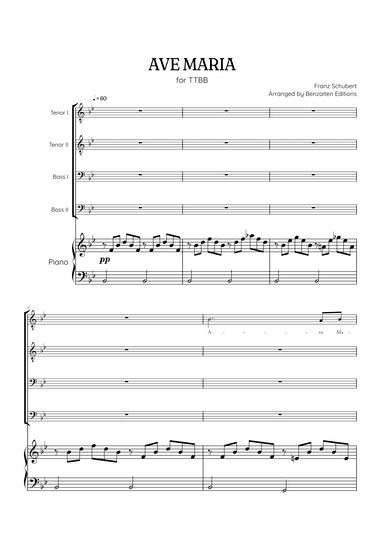 Schubert Ave Maria • TTBB choir sheet music with easy piano accompaniment (arr. Benzaiten Editions)