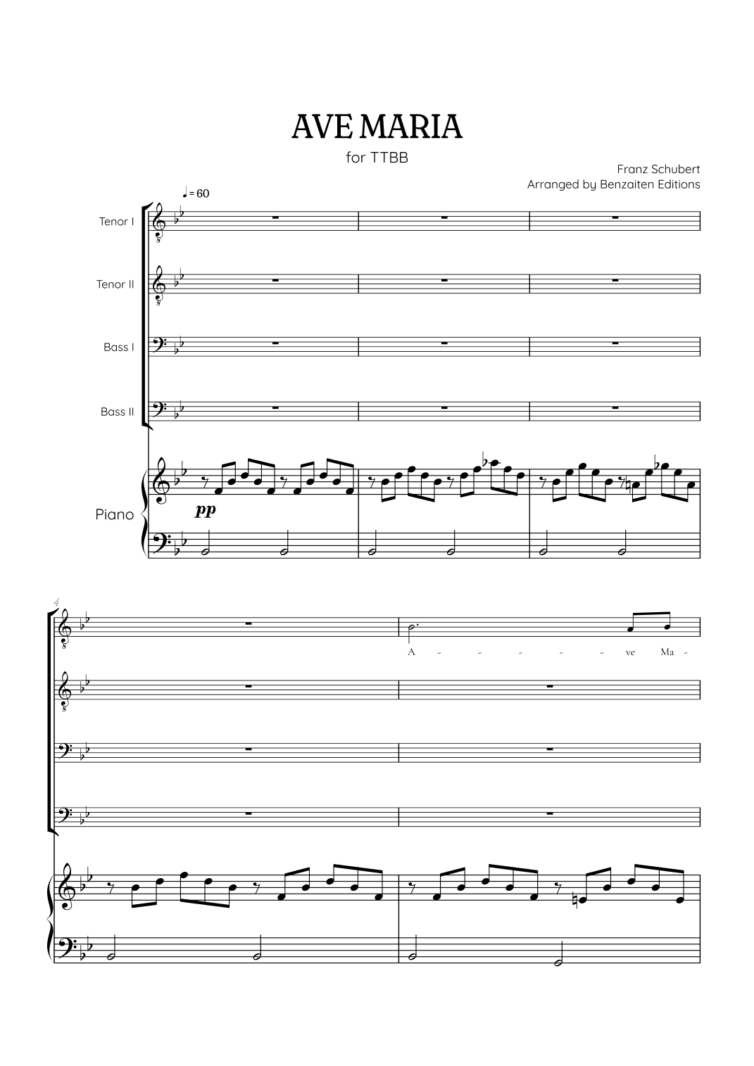 Schubert Ave Maria • TTBB choir sheet music with easy piano accompaniment (arr. Benzaiten Editions)
