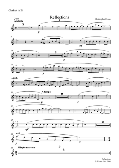 'Reflections' for Clarinet (Bb) & Piano-Solo Clarinet Part