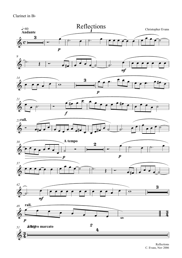 'Reflections' for Clarinet (Bb) & Piano-Solo Clarinet Part
