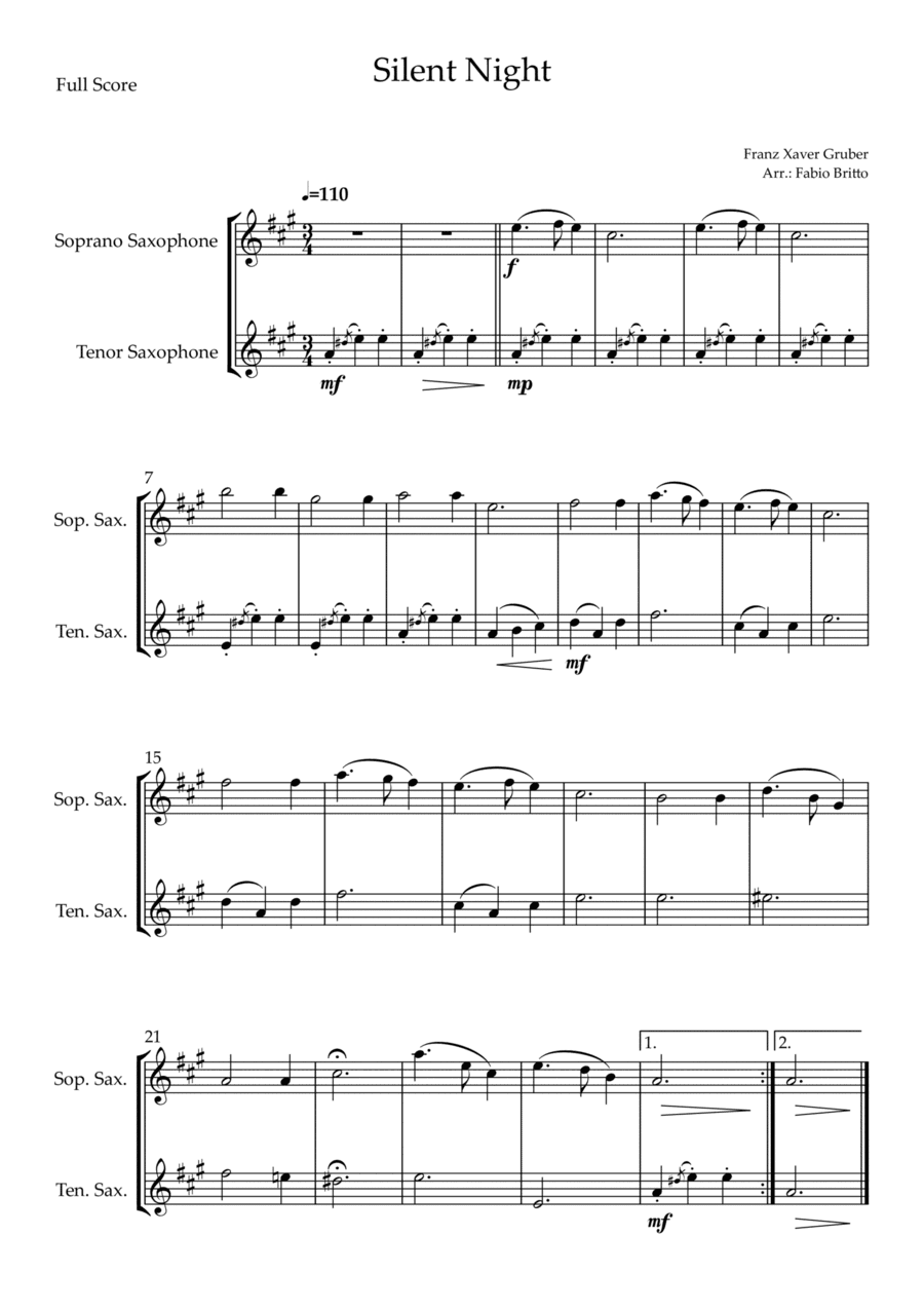 Silent Night (Christmas Song) for Soprano Saxophone & Tenor Saxophone Duo (arr. Fabio Britto)