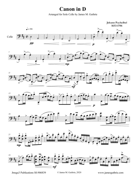 Pachelbel: Canon in D for Solo Cello (arr. James M. Guthrie)