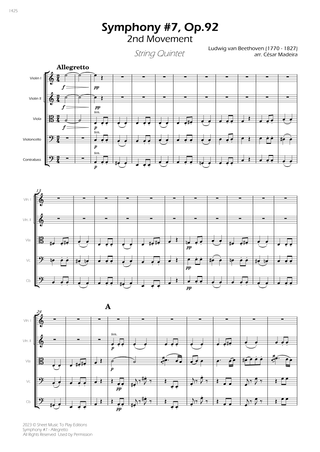 Symphony No.7, Op.92 - Allegretto - String Quintet (Full Score) - Score Only (arr. César Madeira)
