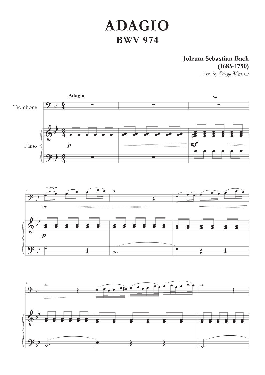 Adagio from BWV 974 for Trombone and Piano (arr. Diego Marani)