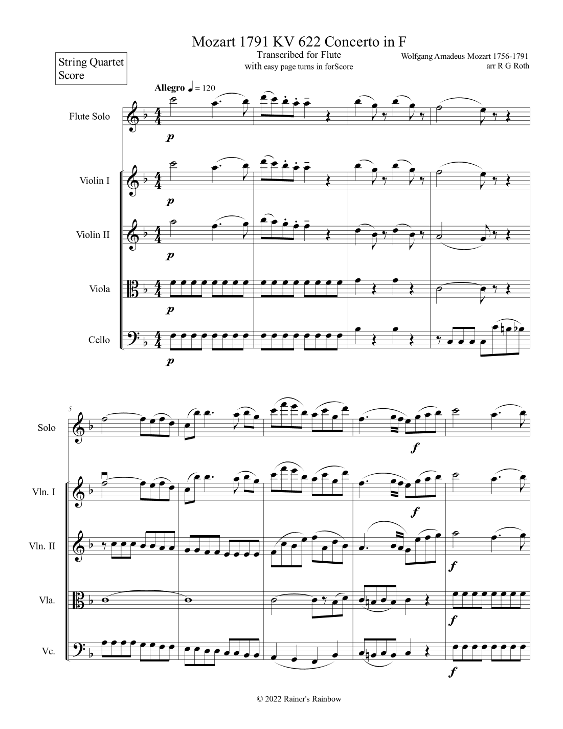 Mozart 1791 KV 622 Flute Concerto in F With String Quartet (arr. R G Roth)