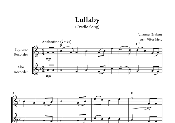 Brahms Lullaby - Recorder duet (arr. Vitor Melo)