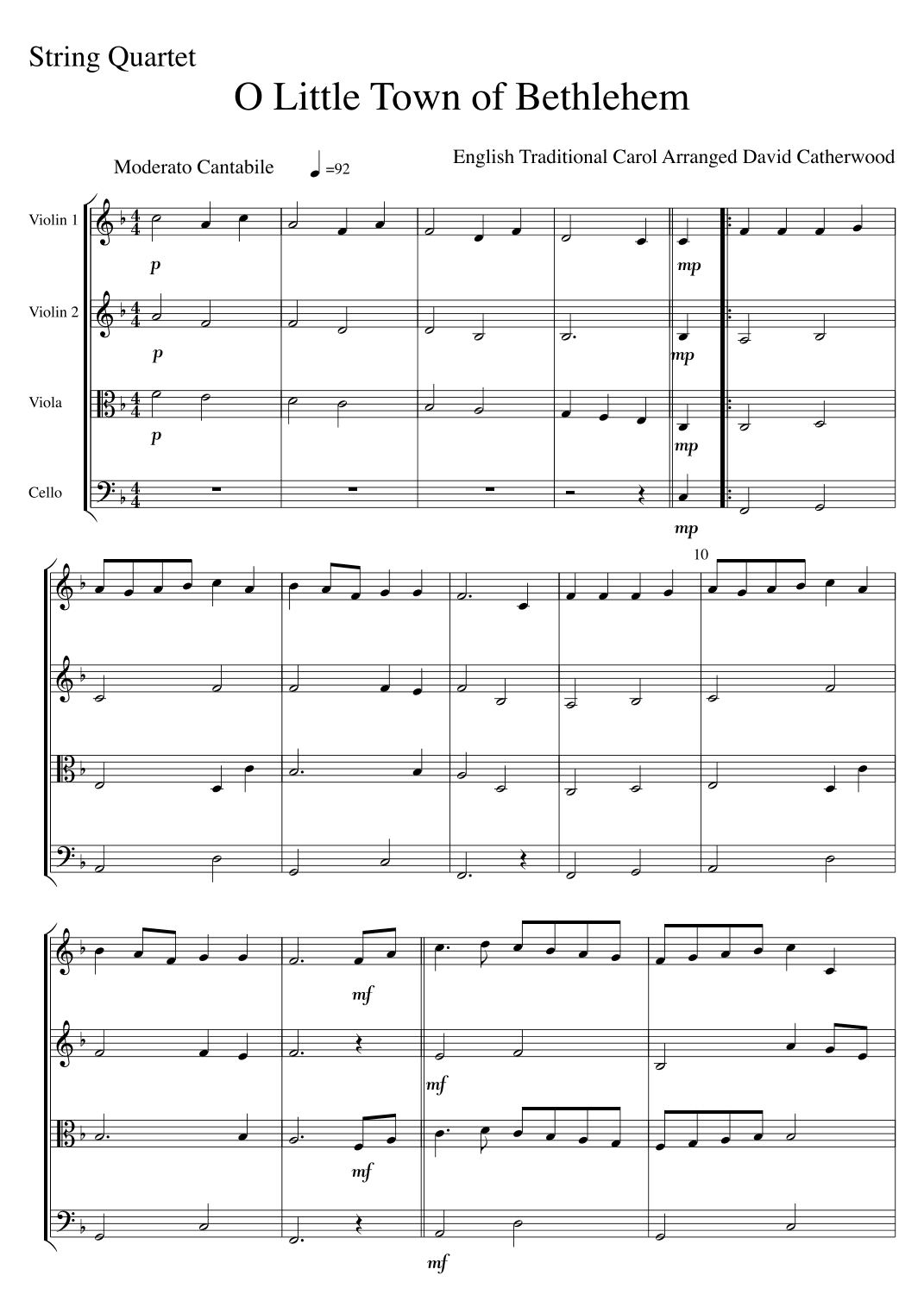 O Little town of Bethlehem arranged for String Quartet by David Catherwood (arr. David Catherwood)