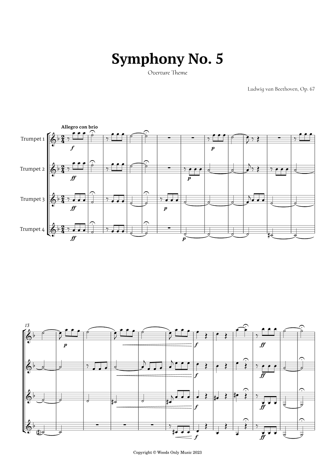 Symphony No. 5 by Beethoven for Trumpet Quartet (arr. Ander)