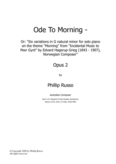Ode to Morning, Op.2 - Six Variations in G minor for solo piano on the theme Morning from Inciden
