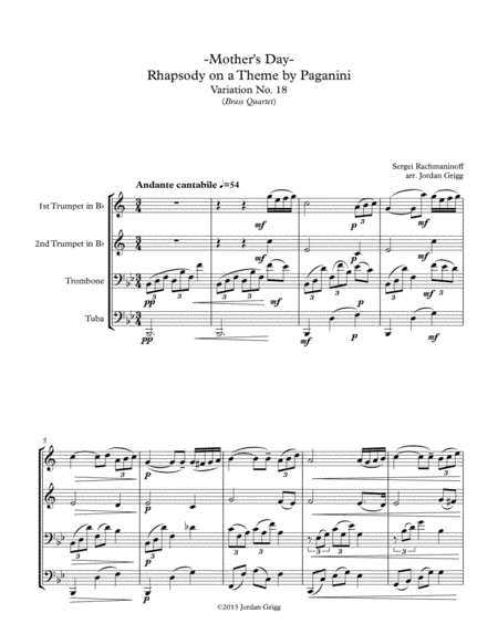 Mother's Day-Rhapsody on a Theme by Paganini Variation No.18 (Brass Quartet) (arr. Jordan Grigg)