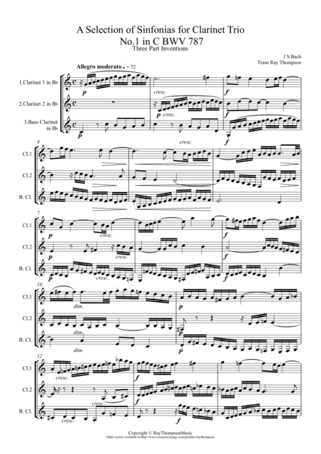Bach: A Selection of Sinfonias (Three part Inventions Nos.1,2,4,6,8,9 & 11.) - Clarinet Trio (arr. Ray Thompson)