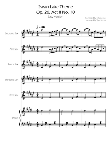 Swan Lake (theme) - Tchaikovsky - Sax Quintet w/ Piano Accompaniment (arr. Ygor Nunes)