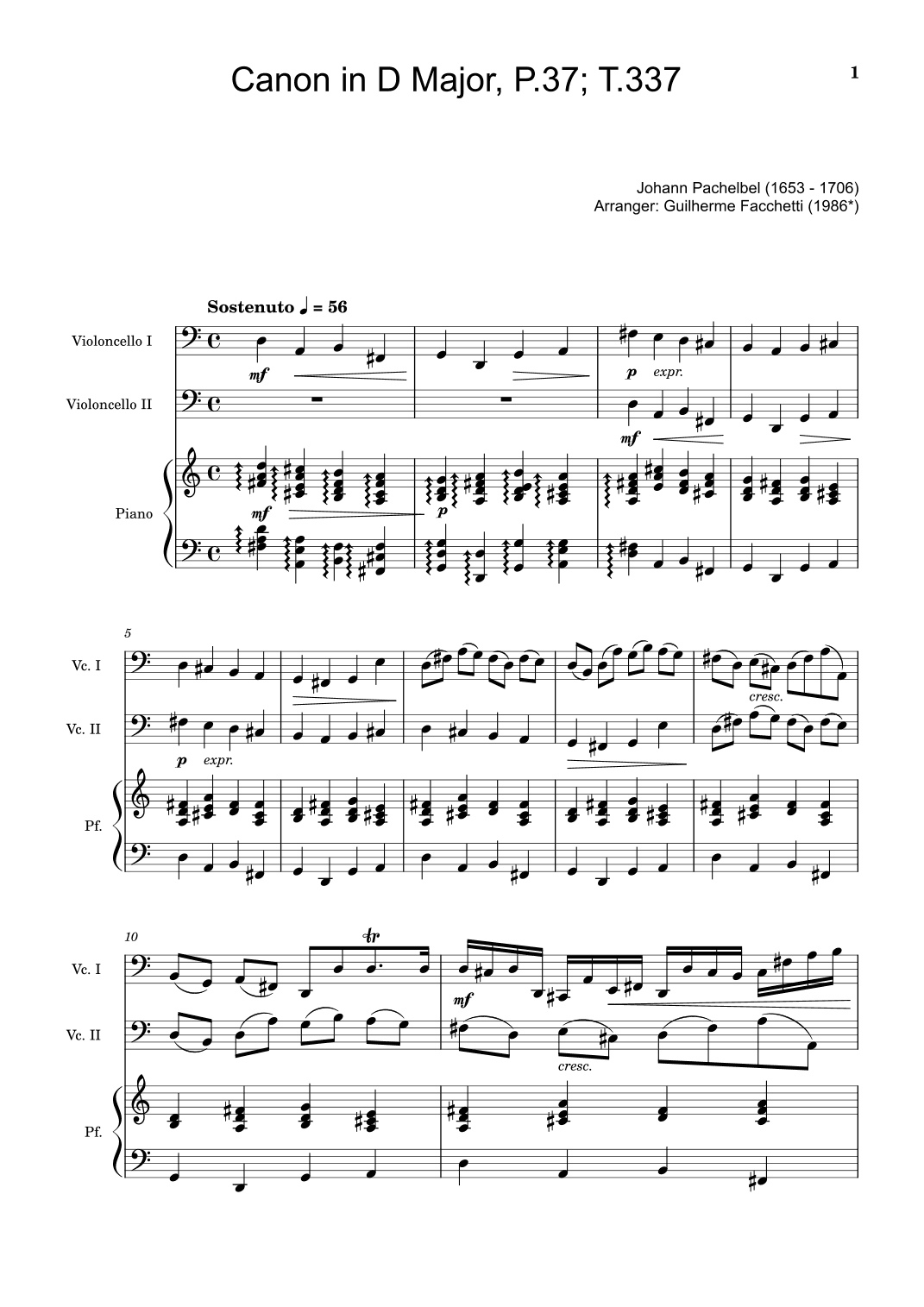 Canon in D Major, P.37; T.337. Arranged for Violoncello Duet and Piano. Score and Parts (arr. Guilherme Facchetti)