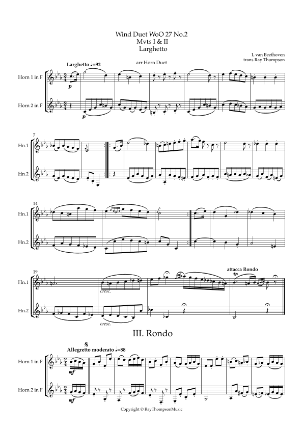 Beethoven: Wind Duet WoO 27 No.2 Mvts. II Larghetto & III Rondo - horn duet (arr. Ray Thompson)
