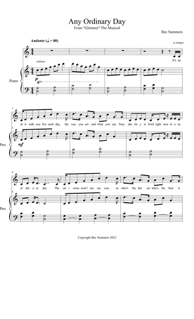 Any Ordinary Day - (Unison Choir/Piano) A song about Gratitude from the musical "Glimmer" FULL SCORE