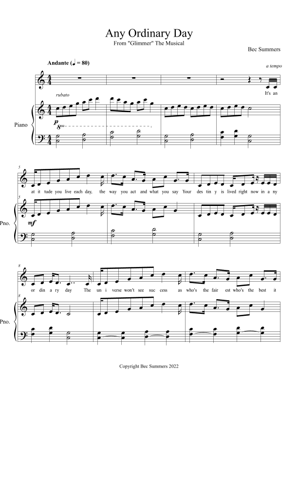 Any Ordinary Day - (Unison Choir/Piano) A song about Gratitude from the musical "Glimmer" FULL SCORE