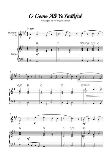 O Come All Ye Faithful (for trumpet in Bb and piano accompaniment) (arr. Rodrigo Faleiros)