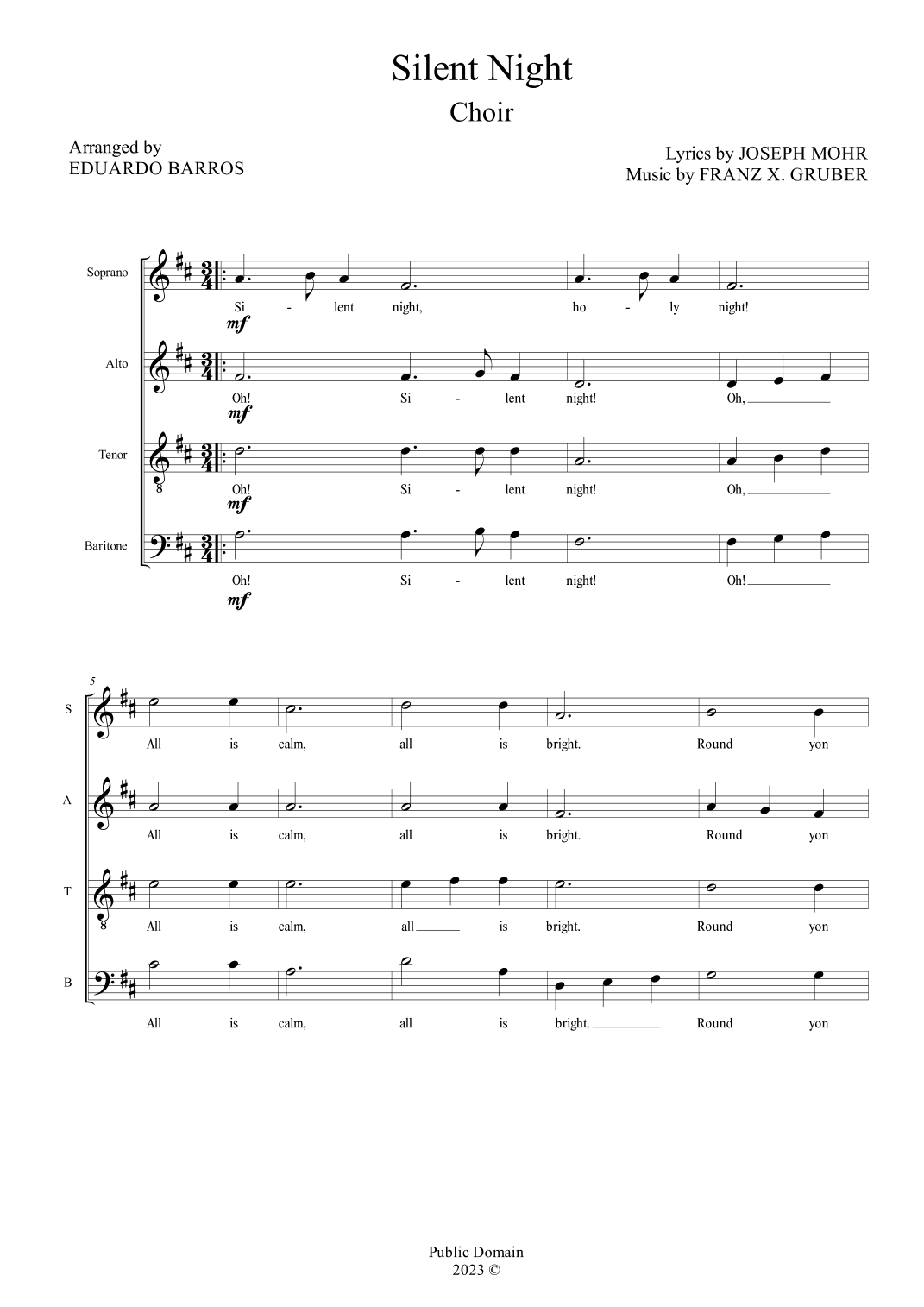 Silent Night (For Choir SATB A Cappella) (arr. Eduardo Barros)