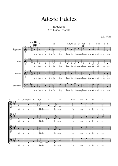 Adeste Fideles (SABT - A major - 4 staffs - no piano - with chords) O Come All Ye Faiful (arr. Duda Oriontte)